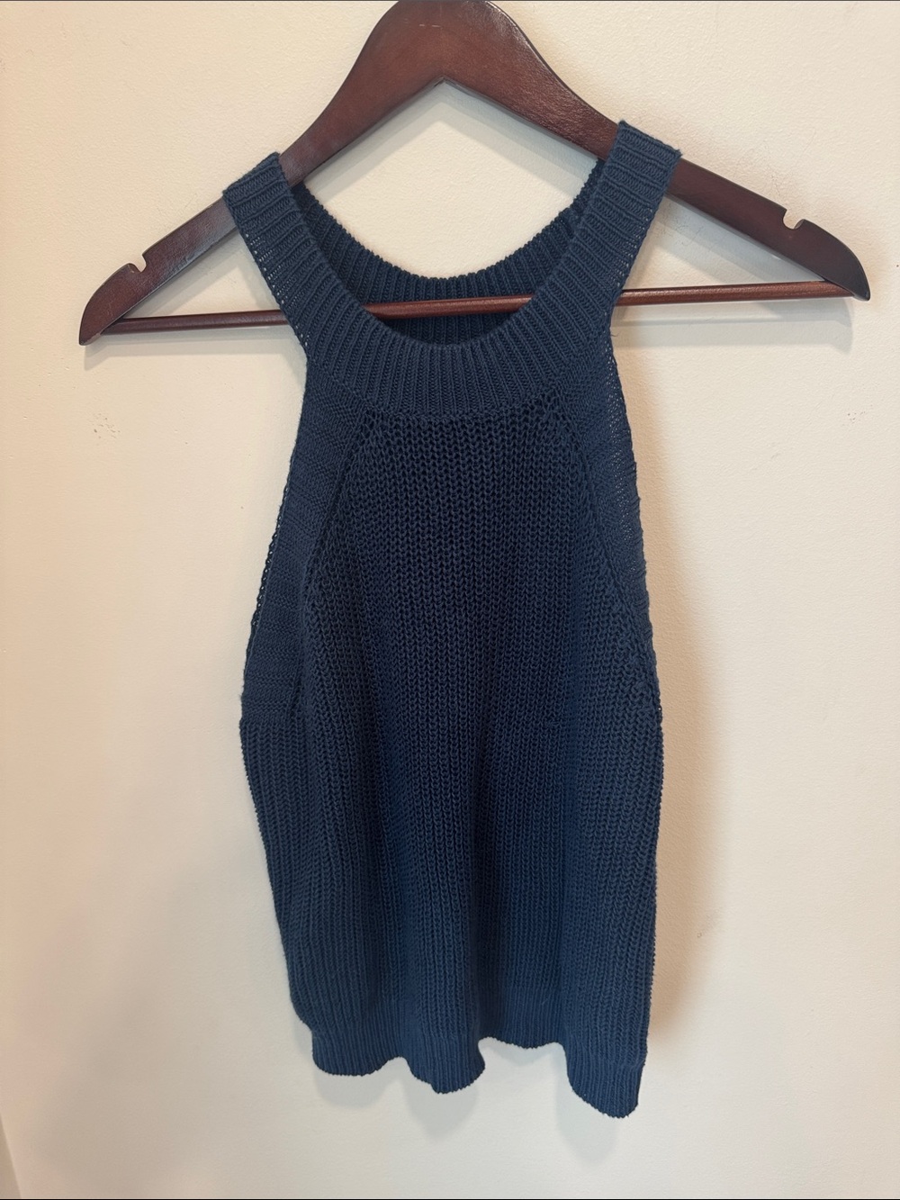 White + Warren Navy Blue Linen Cotton Ribbed Knit Halter Style Tank Top Size M